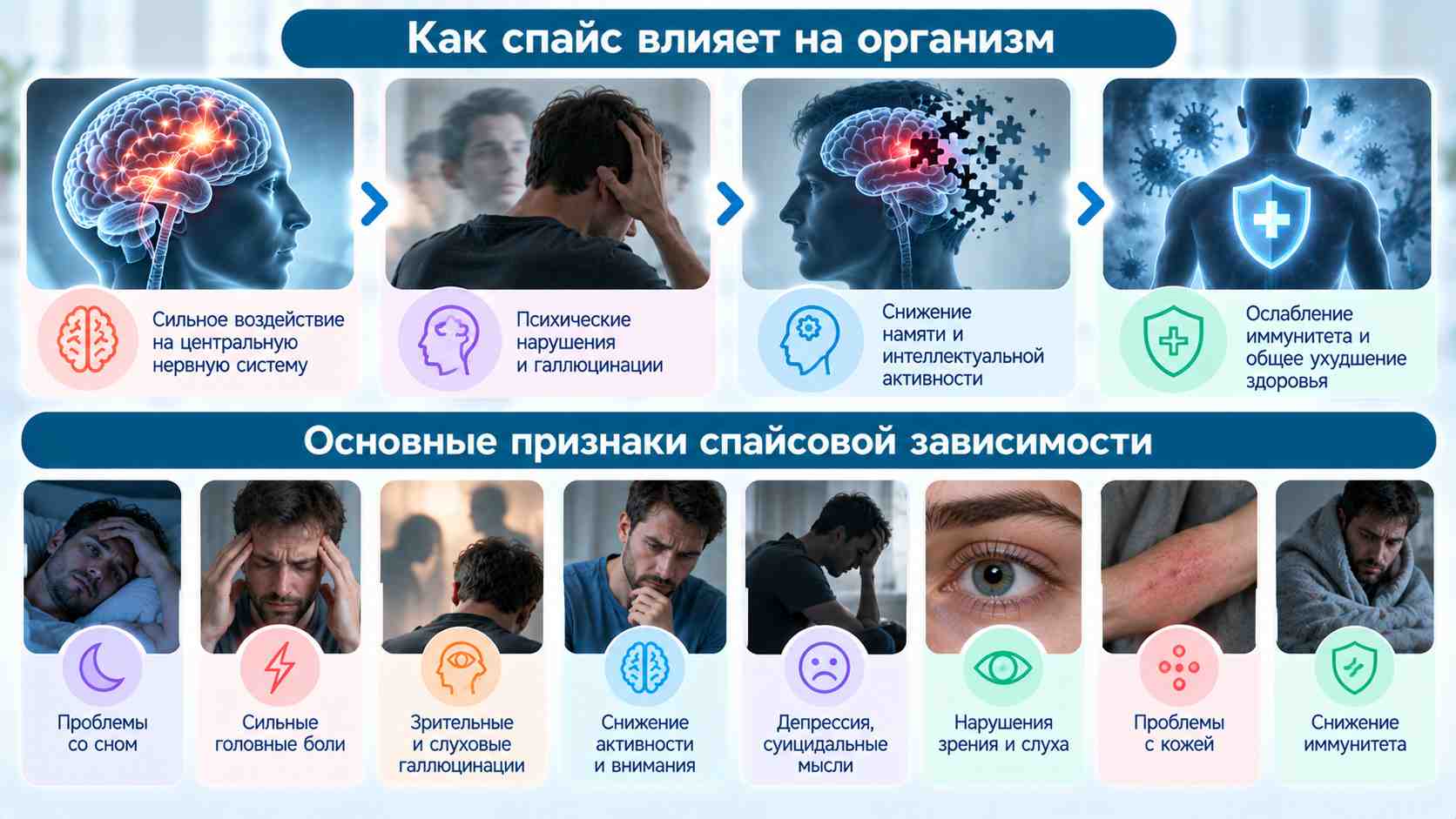 Спайсовая зависимость — влияние на организм и основные признаки. Инфографика о признаках спайсовой зависимости: нарушения сна, головные боли, ухудшение памяти, психологические расстройства и снижение иммунитета.